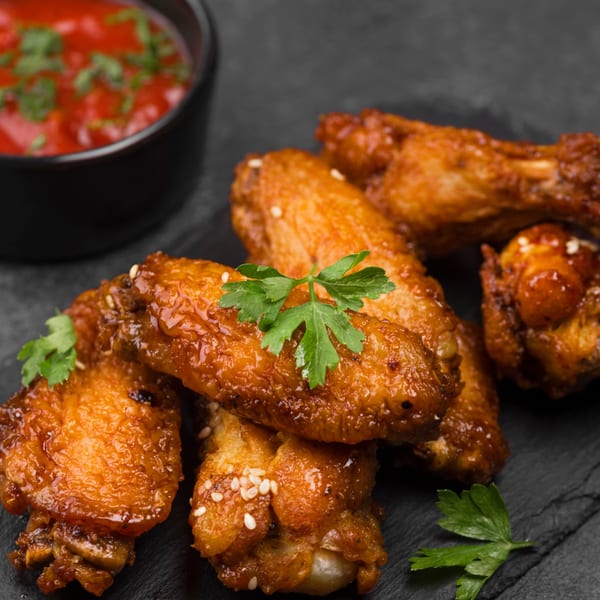 Close-up of Chip Shots Pub's glazed chicken wings with sesame seeds and parsley, with a side of red sauce.