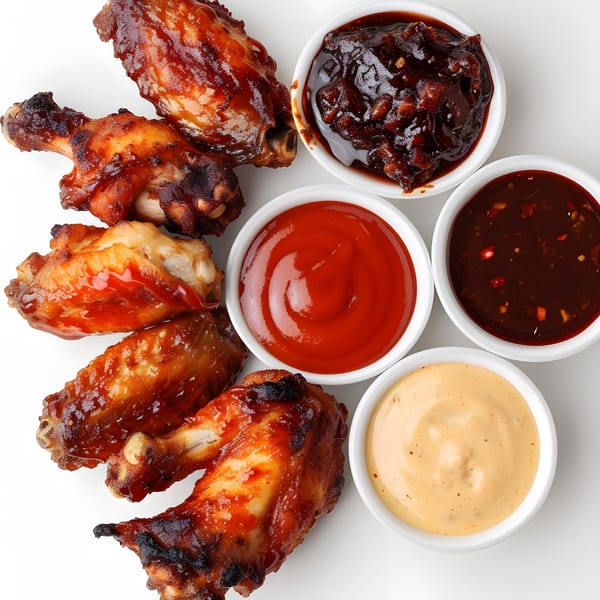 Chip Shots Pub's chicken wings with various dipping sauces, including BBQ, ketchup, and a creamy orange sauce.